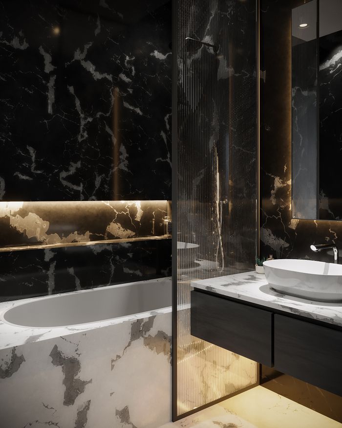 Luxurious bathroom with marble features and modern design elements, perfect for contemporary interiors.