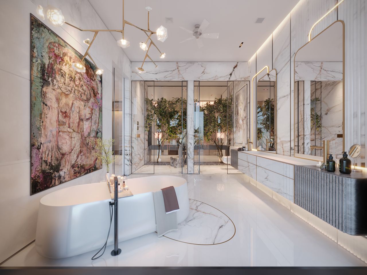 services-04 Explore this luxurious bathroom featuring modern decor, marble surfaces, and a freestanding bathtub.